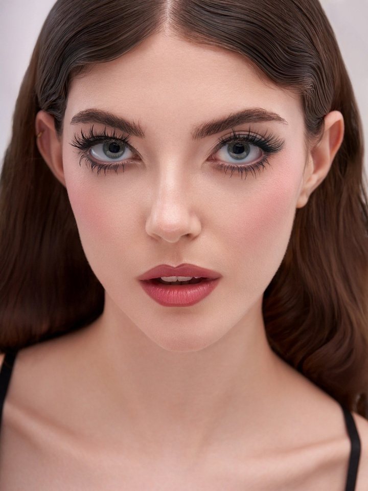 Neutral evening makeup: warm shadow, precise liner, rosy lips