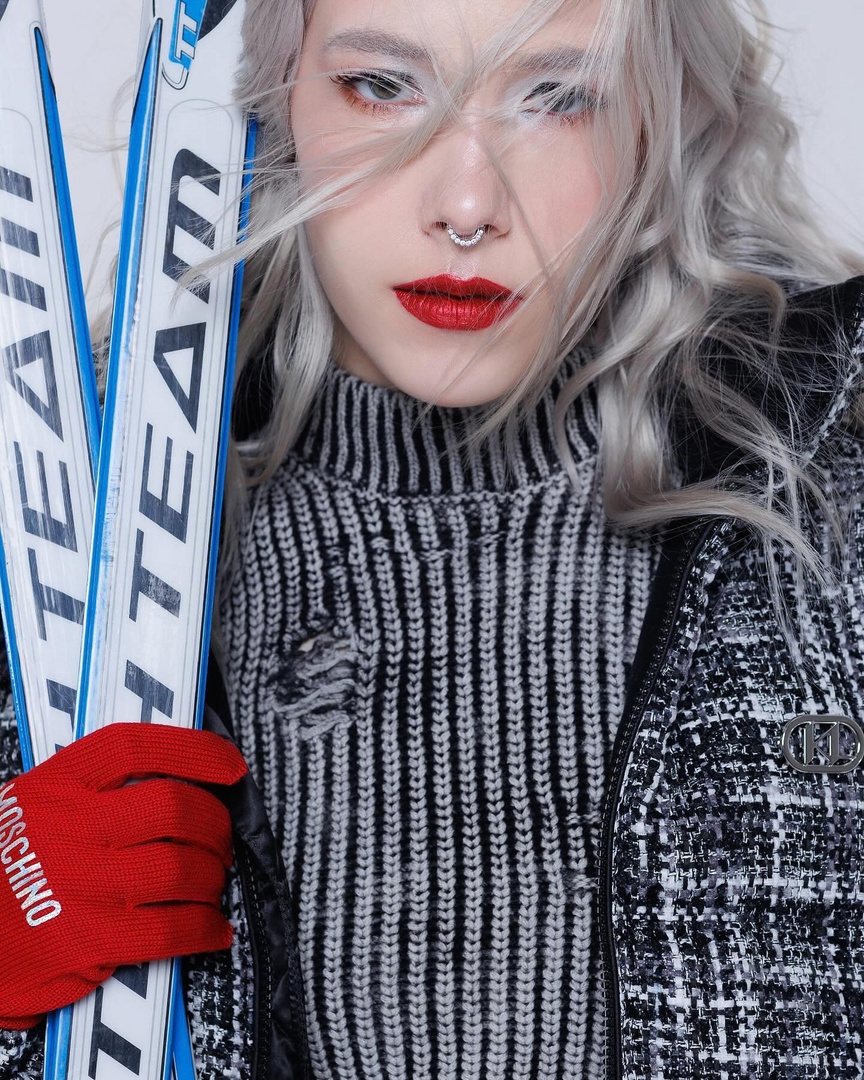Winter sports editorial: red lip and a pearly highlight